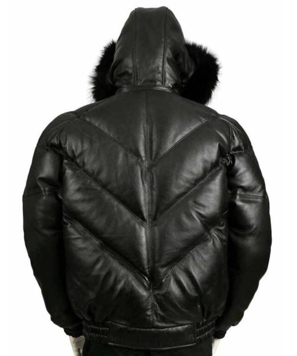 Back of Premium Goose Leather V Bomber Jacket With Hood