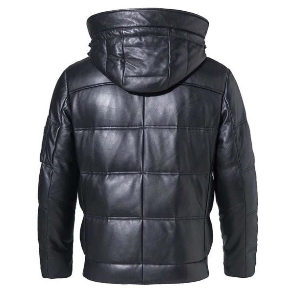 Back of Biker Winter Warm Leather Coat with Removable Hood in Sheepskin