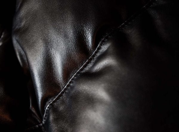 Close up of Premium Goose Leather V Bomber Jacket With Hood