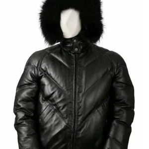 Front of Premium Goose Leather V Bomber Jacket With Hood