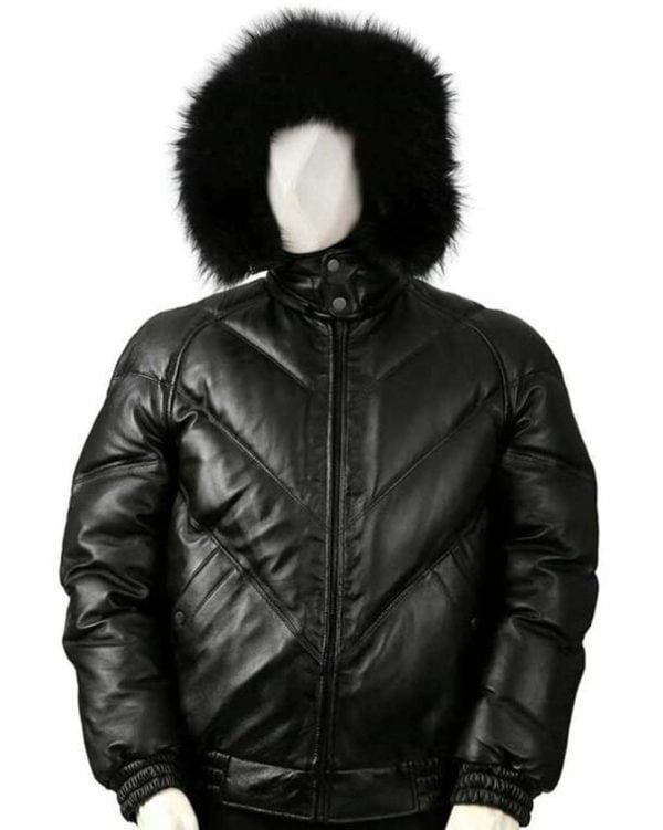 Front of Premium Goose Leather V Bomber Jacket With Hood