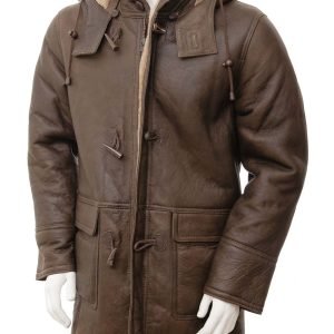 Brown Sheepskin Duffle Coat with Shearling Fur front