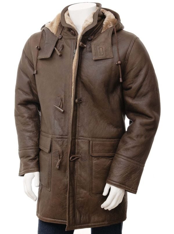 Brown Sheepskin Duffle Coat with Shearling Fur front