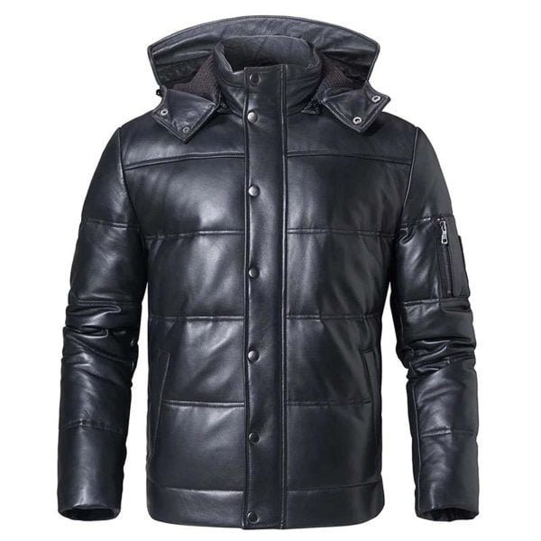 Front of Biker Winter Warm Leather Coat with Removable Hood in Sheepskin